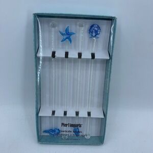 Pier 1 Imports Glass Swizzle Sticks Blue Coastal Sea Life Starfish Shell Barware
